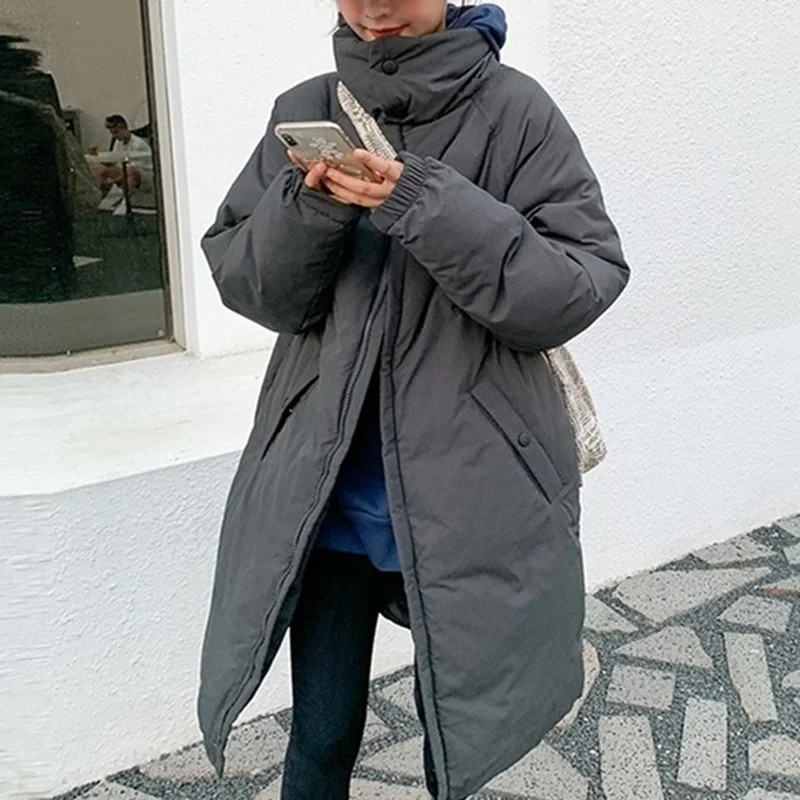 New 2021 Winter Women's Jacket Pocket Stand-up Collar Down Korean Loose Long Over-the-knee Coat To Keep Warm and Thick Long Coat