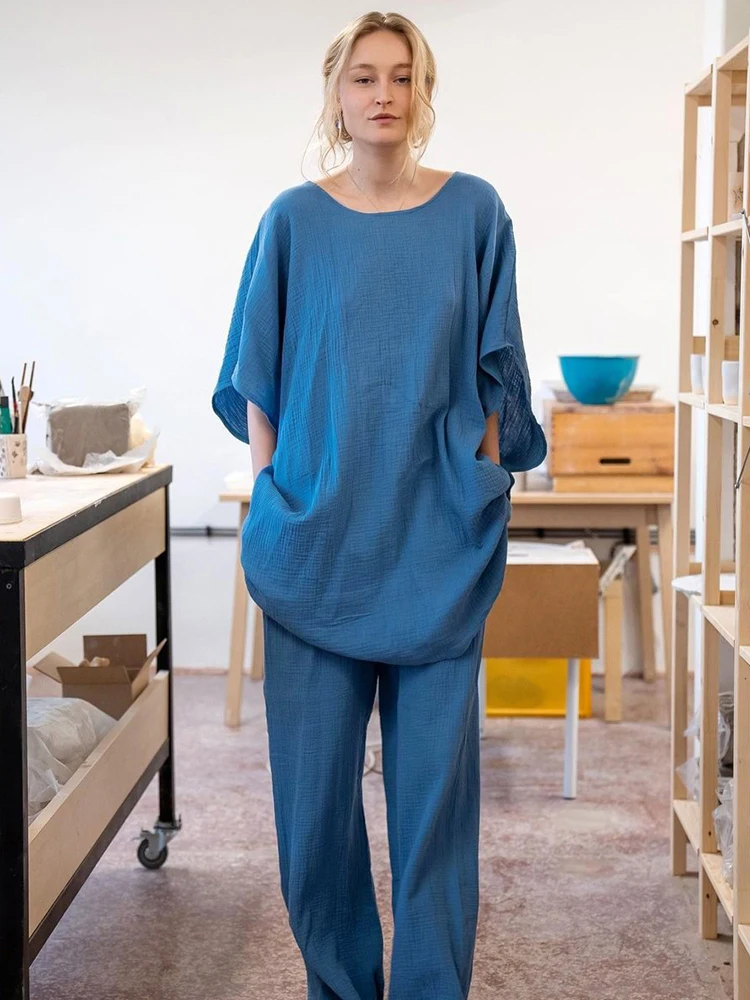 

Linad Свободная Женская домашняя одежда, комплект из 2 предметов, синяя хлопковая одежда для сна с коротким рукавом и круглым вырезом, женские ...