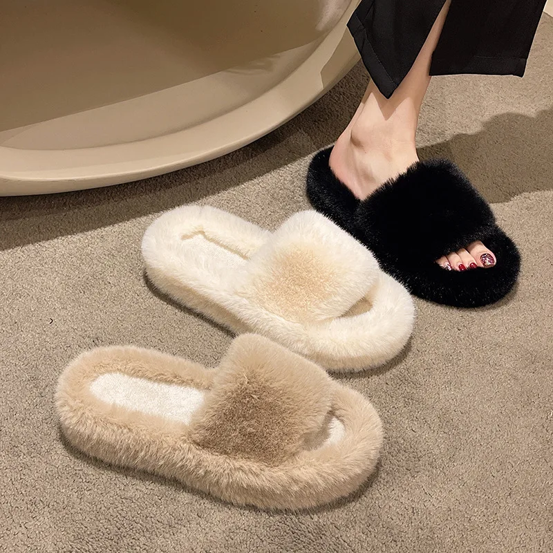 

Plush Slippers Women Home Cotton Shoes Ladies Platform Flat Slipper Spring Autumn Round Toe Solid Color Thick Bottom Pantuflas
