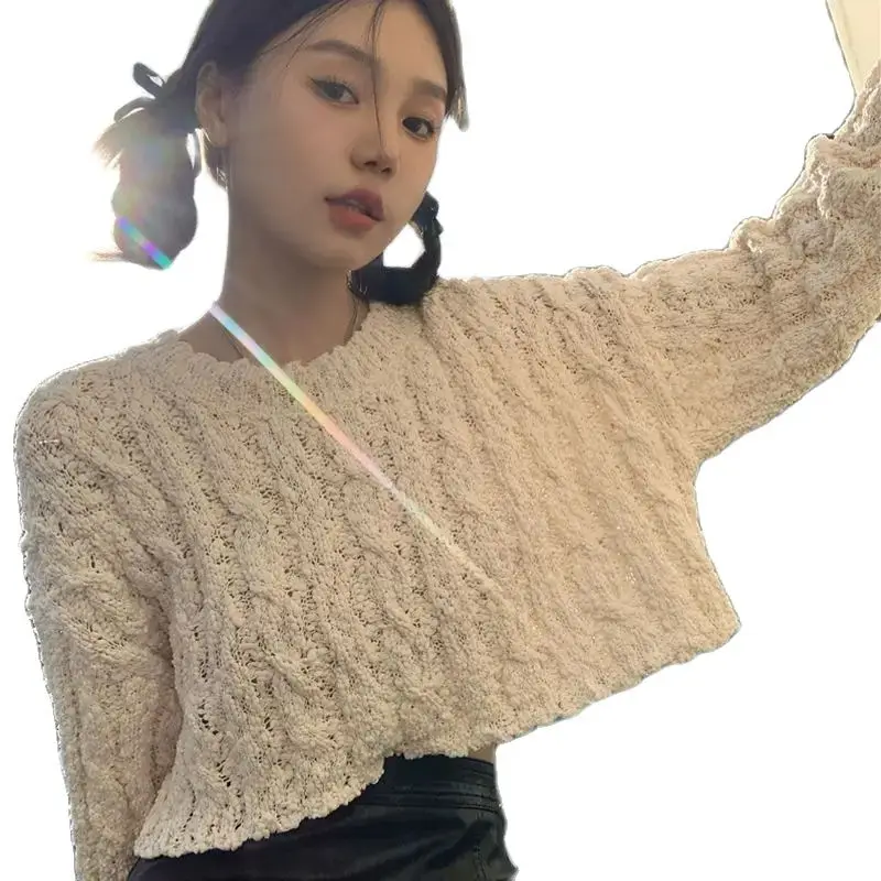 Женский трикотажный свитер с длинным рукавом свободный Однотонный круглым