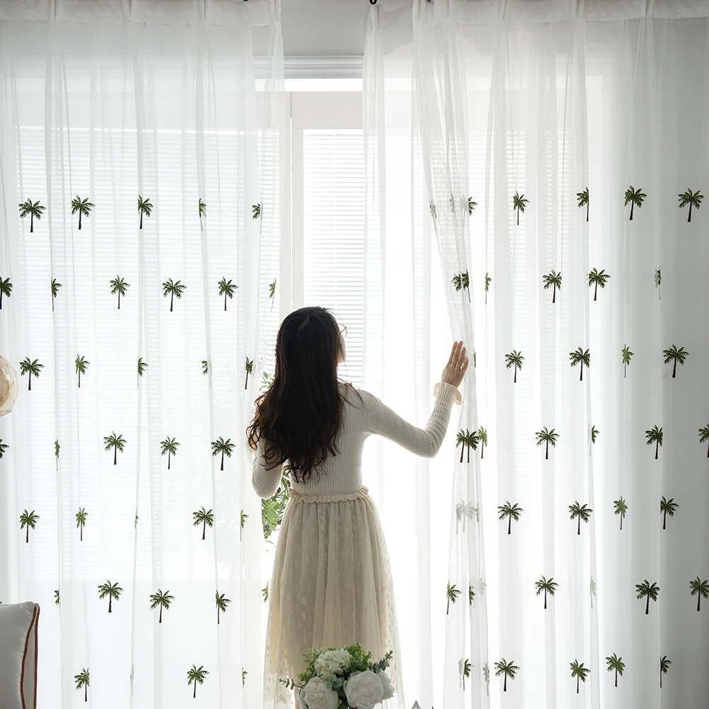 

Современные тюлевые занавески с кокосовым деревом, окна, занавески из пряжи для гостиной, прозрачные Занавески для украшения дома, занавеск...