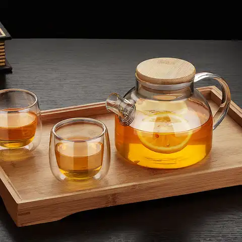 Термостойкий Стеклянный заварочный чайник с деревянным покрытием цветочный чай пуэр чайник кофейная чашка чайный набор GRSA889