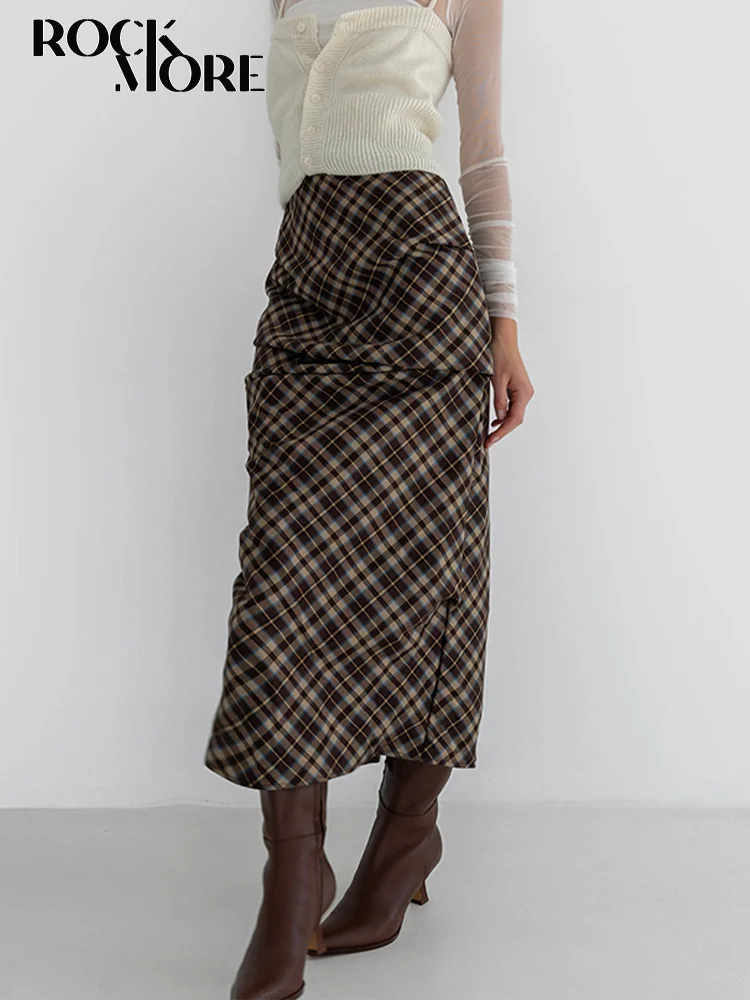 

Rockmore Striped Plaid High Waist Midi Skirt for Women Elegant Casual y2k Aesthetic Retro Folds Straight Long Skirts Streetwear