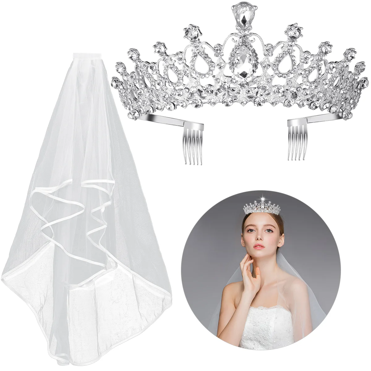 

2 PCS Wedding Jackets Bride Girl Veil Tiara Ivory Dresses European American Veils
