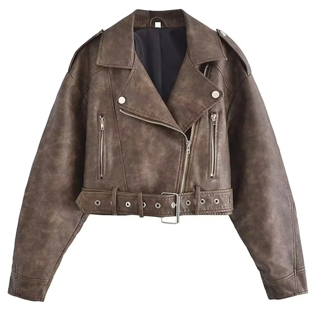 Dave&Di Vintage Washed Leather Jacket Loose Zippers Jacket Coat