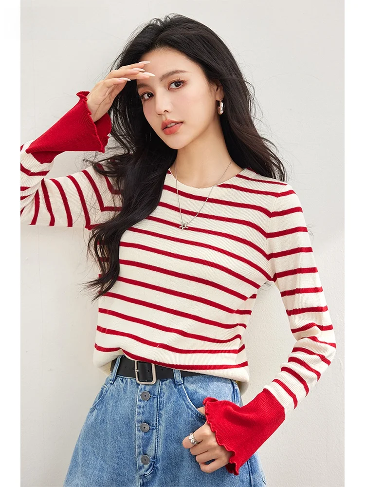 La Chabell 7 M2024 осенняя новая мода с круглым вырезом в полоску контрастного цвета