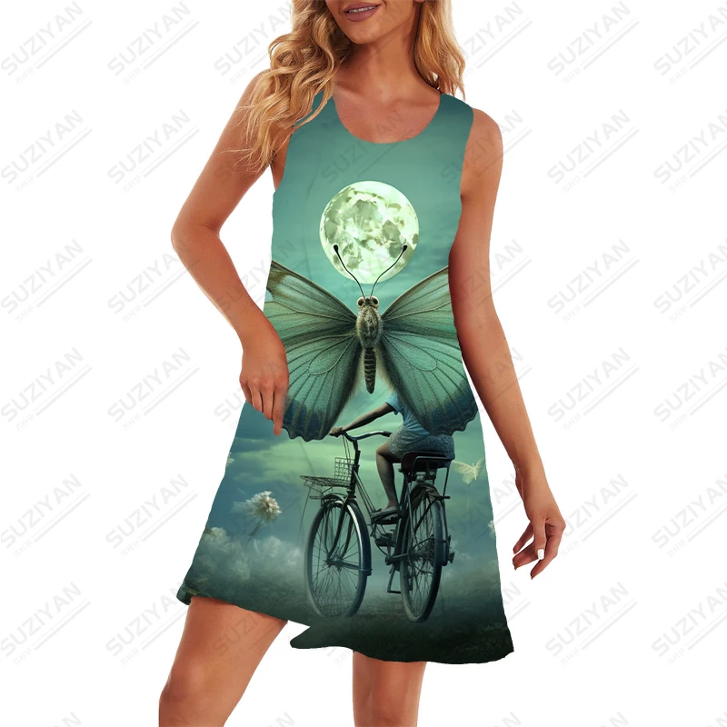 

Butterfly 3D Printing Dress Women's Loose Leisure Street Dress Fashion Round Neck Sleeveless Dress Summer High -quality Dress