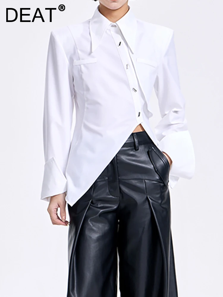 

DEAT Fashion Women's Shirt Lapel Diagonal Single Braested Broad Shoulder White Split Fork Blouse Female Spring 2023 New 17A6110
