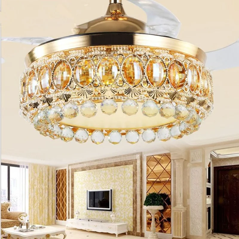 

Led Ceiling Fan Pendant Lamp Light Chandelier Gold Luxury Crystal Remote Control Bedroom 42 Inch 110V 220V