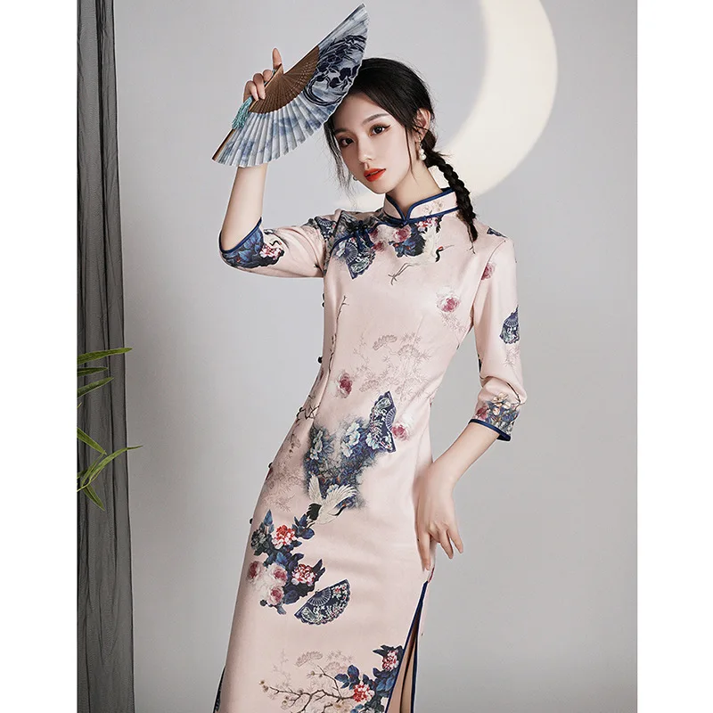 Pink Cheongsam Vintage Chinese Style Dress Elegant Women Clothing Long Dress Floral Qipao S to XXL