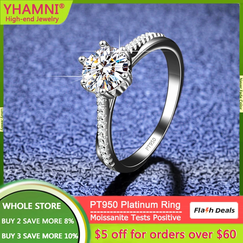 

YHAMNI Original Real PT950 Platinum Ring Moissanite Tests Positive 1 Carat Diamond Rings for Women Wedding Band a lifetime Gift