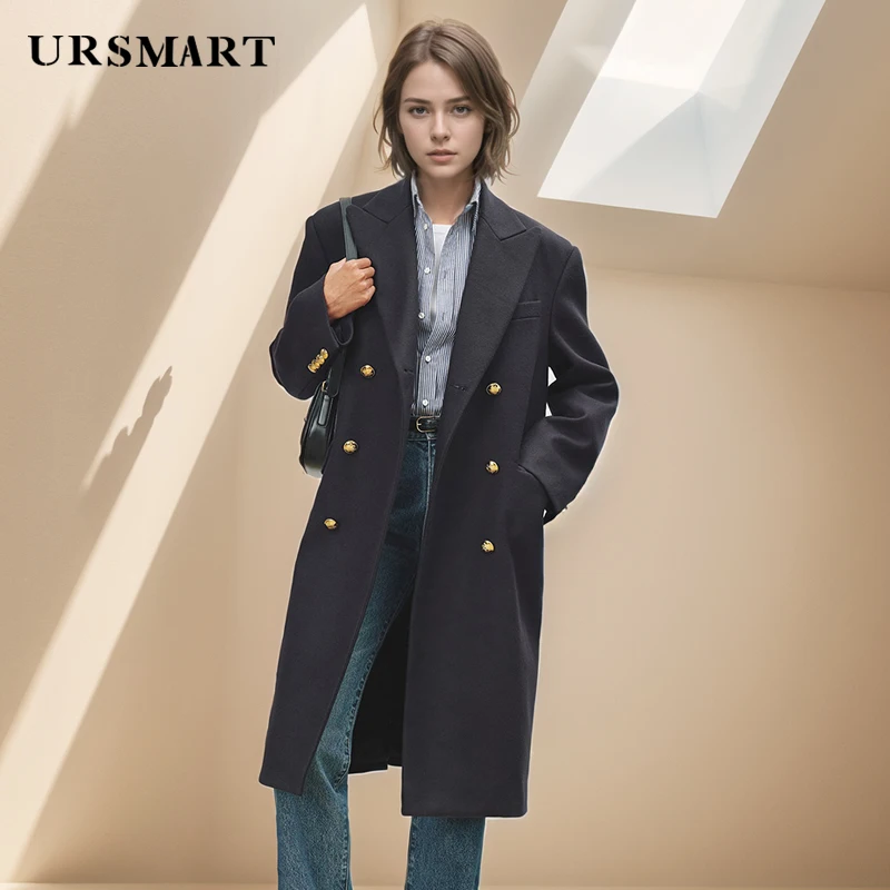 Классическое темно-синее Женское шерстяное пальто-двубортное зимнее теплое