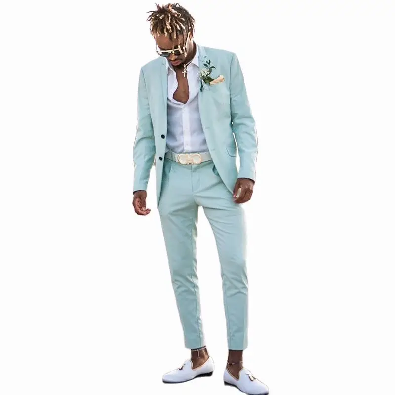 2022 Peaked Lapel Sky Blue  Mens Suits Slim Fit Two Pieces Beach Mens Groomsmen Wedding Tuxedos Formal Prom Suit (Jacket+Pants)