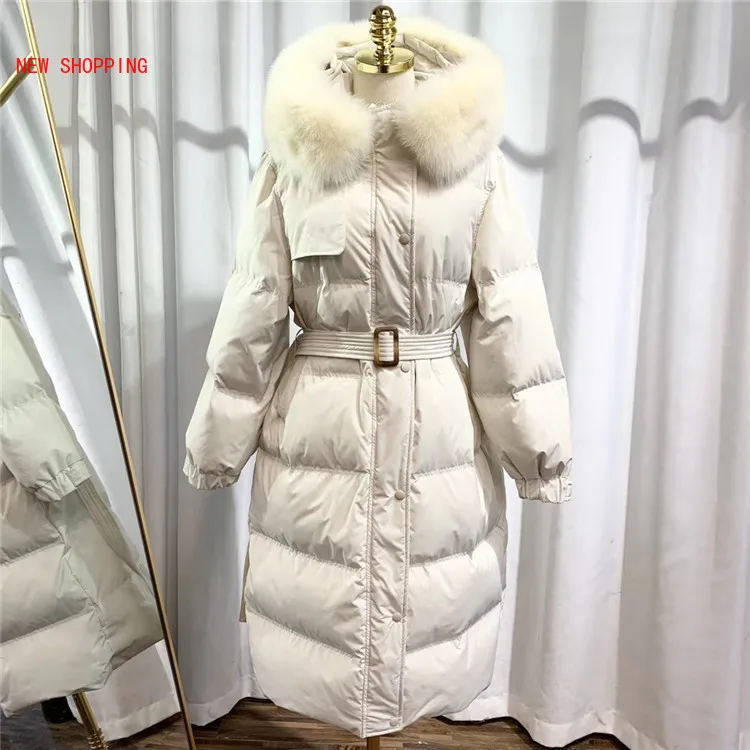 Elegant Female Thicken Warm Winter Down Coat Women Large Real Natural Fox Fur White Duck Down Parka Hooded Winter Jacket Women
