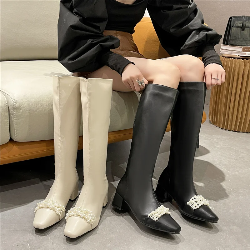 

Med Heel Boots Women's Rubber Shoes Rain Zipper Boots-Women Over-the-Knee Autumn Ladies 2022 PU Rome Solid Square Toe Basic Retr