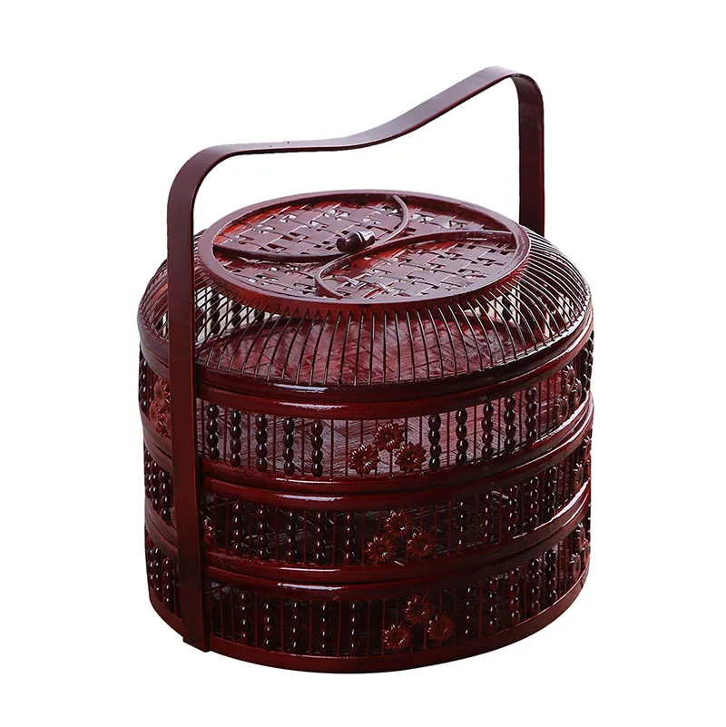 

Food Container Basket Picnic Basket Meal Delivery Gift Basket Bamboo Basket Red Basket Handmade Retro Multi-Layer Basket