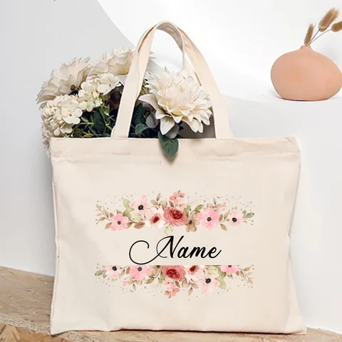 Персонализированная большая сумка с цветочным принтом и именем, женская парусиновая сумка для покупок, сумки на плечо с монограммой, подарок на день рождения, свадьбу для нее