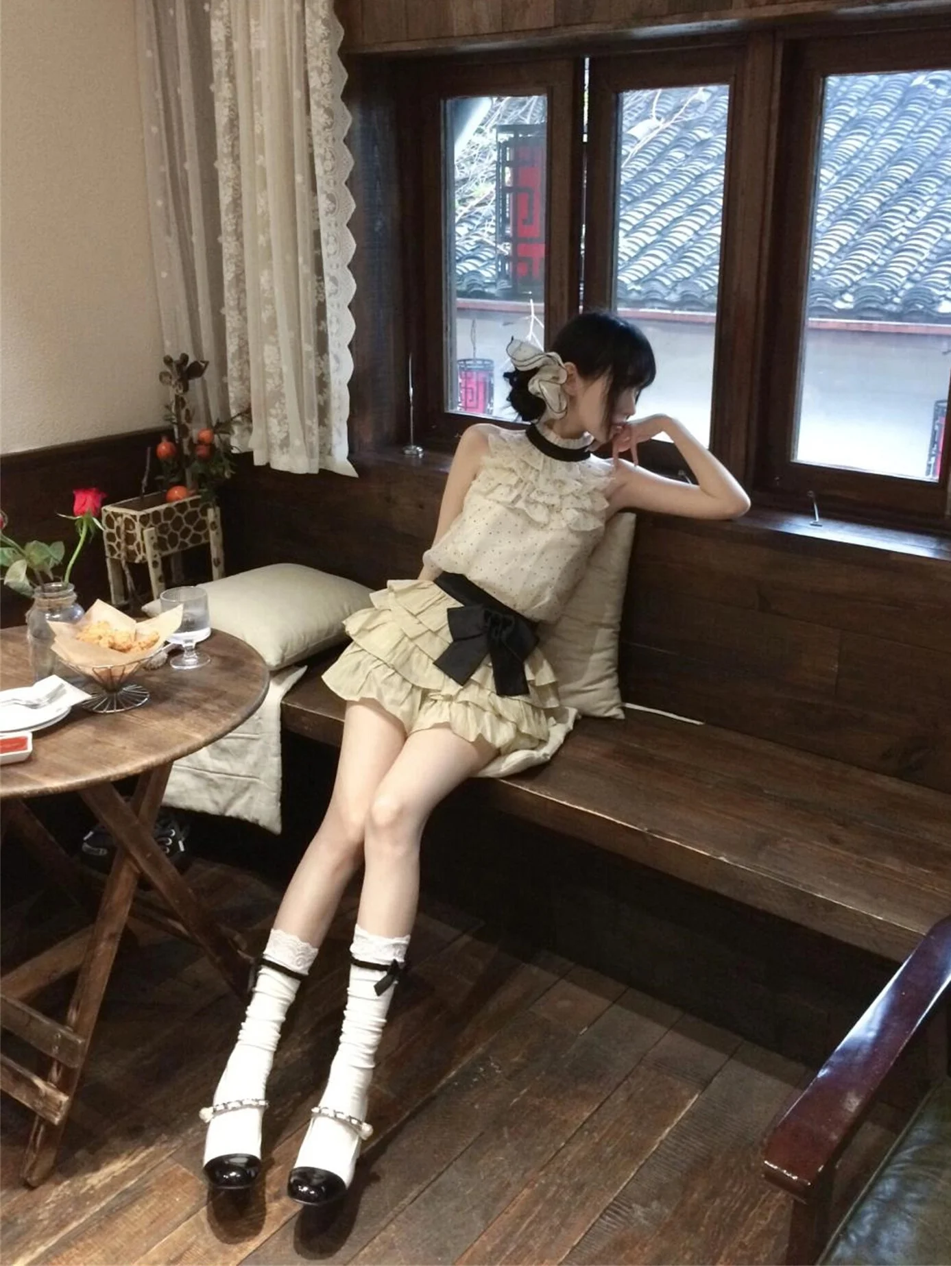 Uu Studio ванильный многослойный милый шифоновый топ в горошек без рукавов Женская