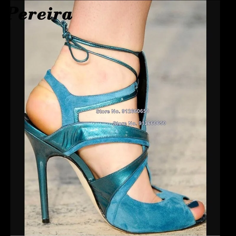 Pereira Blue Lace up Hollow Heels Women Sandals Ankle Strap Super Thin High Heels Sexy Wedding Shoes on Heels Party Gladiator