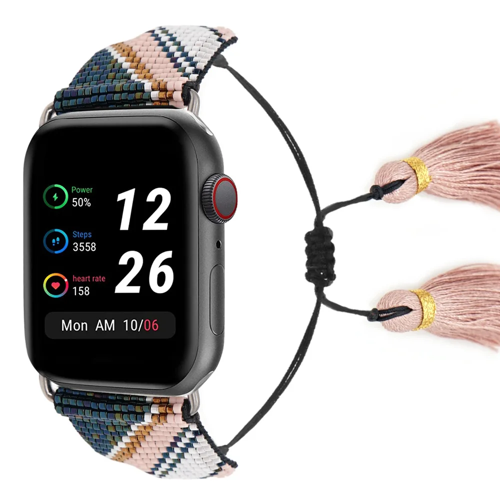 100% Rice Bead Manual Tassel Woven Strap for Watch Band National Fashion Style Suitable for Apple Watch 1-7 Series Wrist strap