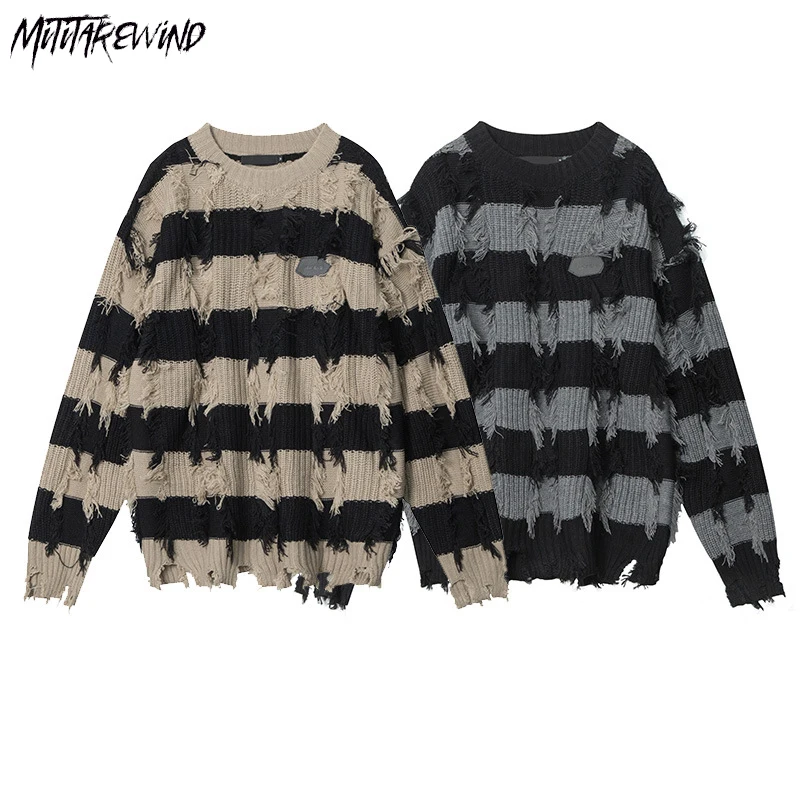 

Модные рваные свитера в стиле хип-хоп для пар, Свободный Повседневный пуловер в стиле High Street с вырезами, осенне-зимние свитера в полоску с круглым вырезом и дырками