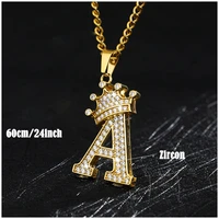 trendy luxury alloy zircon a z crown alphabet pendant chain necklaces punk hip hop style fashion woman man initial name jewelry