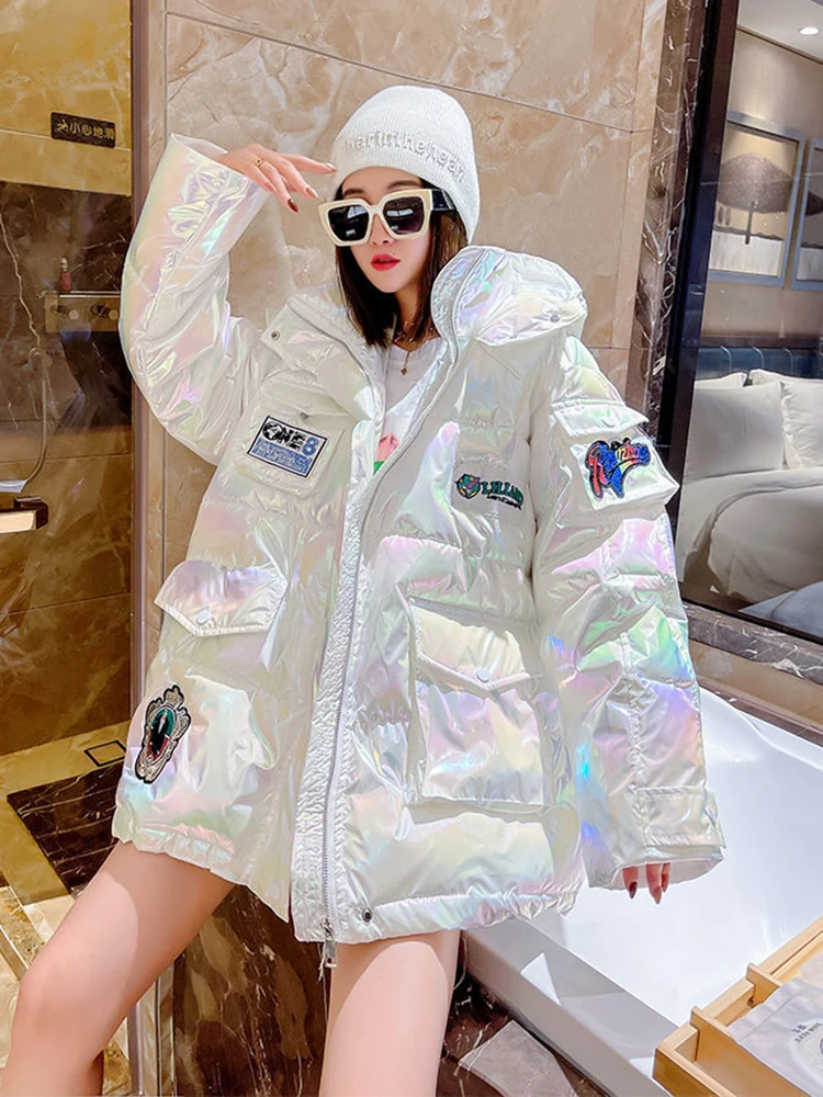 KBAT White Glossy Parka Coat Women's 2022 Fashion Thick Winter Hooded Loose Jacket Female Windproof Rainproof Warm Outwear