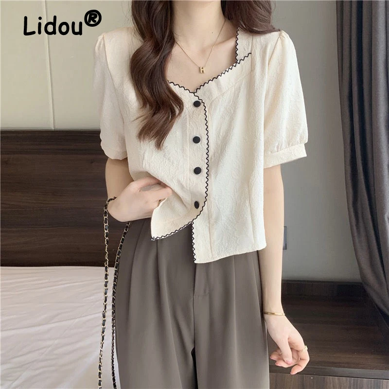 

Женский приталенный топ с квадратным вырезом, винтажная Текстурированная рубашка с вышивкой на пуговицах, летняя блузка с коротким рукавом, Y2K