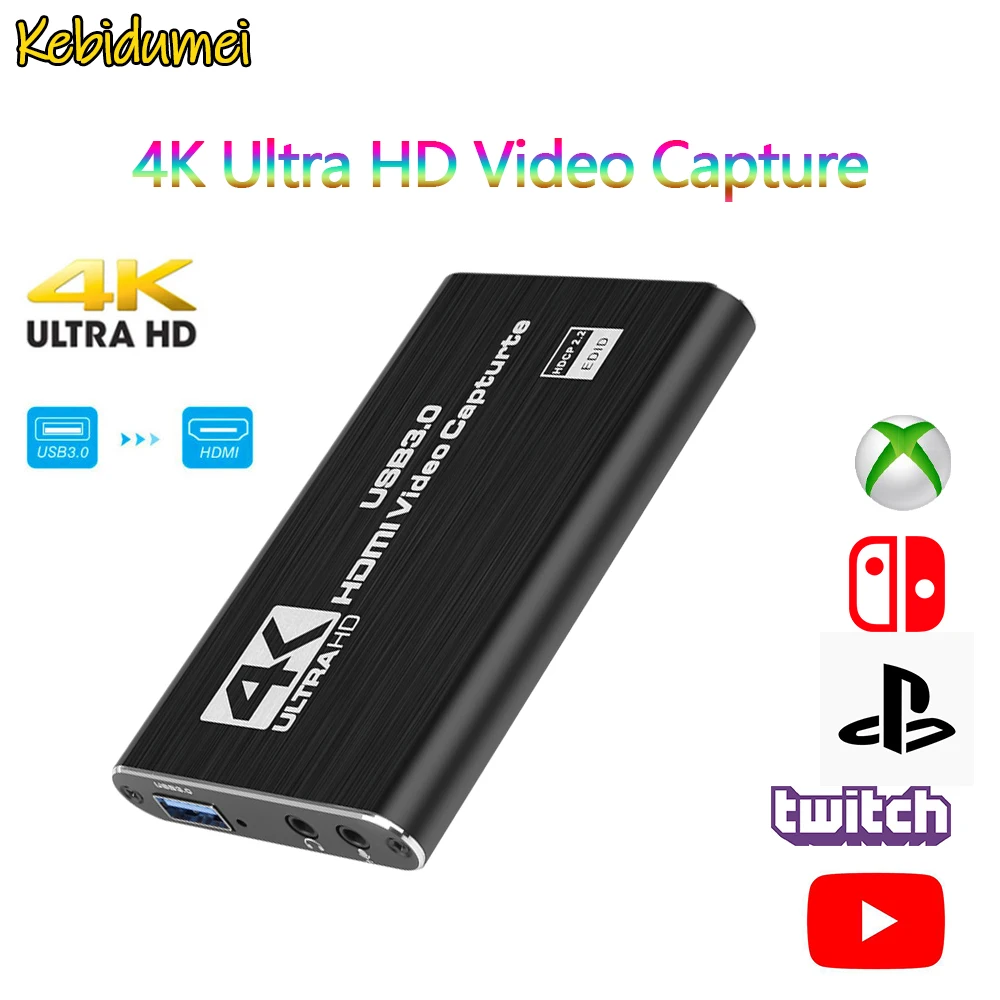 Видеокарта захвата 4K Ultra HD USB 3.0 2.0 HDMI-совместимый граббер-рекордер для записи игр PS4, DVD, камеры и стриминга в реальном времени.