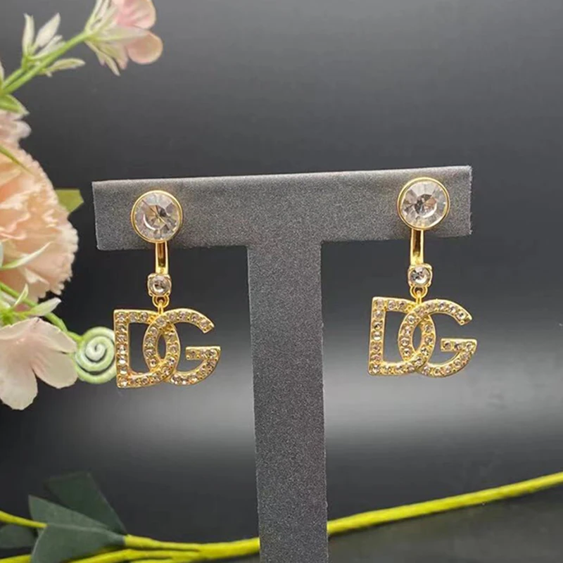 

Vintage 14K Real Gold Plated Letter DG Drop Earrings for Women Luxury Jewelry High Quality Shiny AAA Zircon Wedding Party Gift