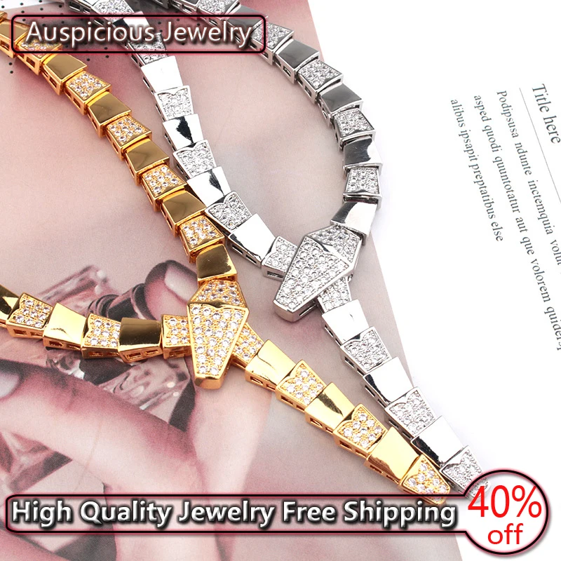 

Sterling Silver Color Wide Tricolor Half Drill Snake Shape Necklace Women's Personality Clavicle Chain Luxury Fashion Jewelry