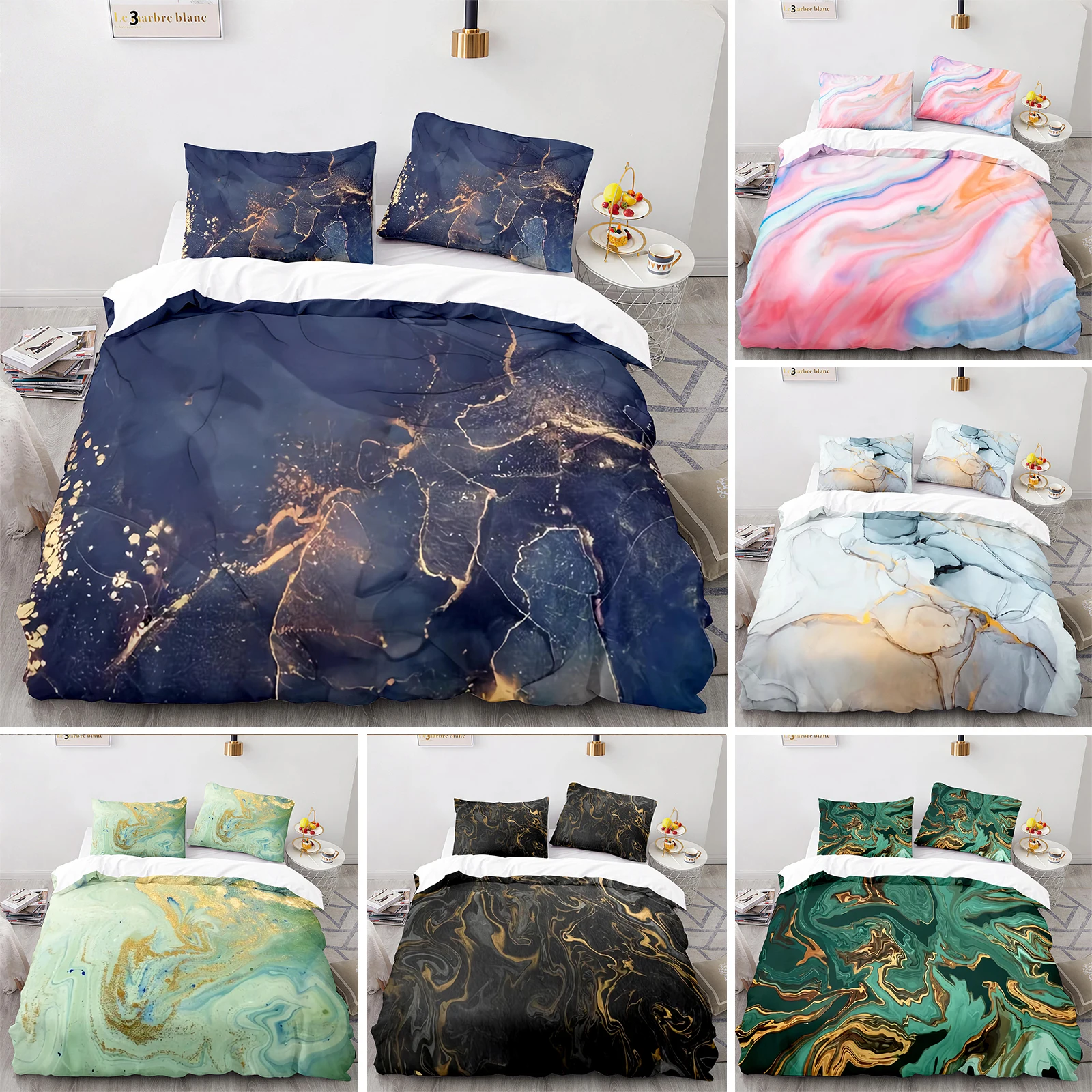 

Комплект постельного белья с мраморным рисунком, Комплект постельного белья с абстрактной мраморной текстурой белого и золотого цвета с 2 н...