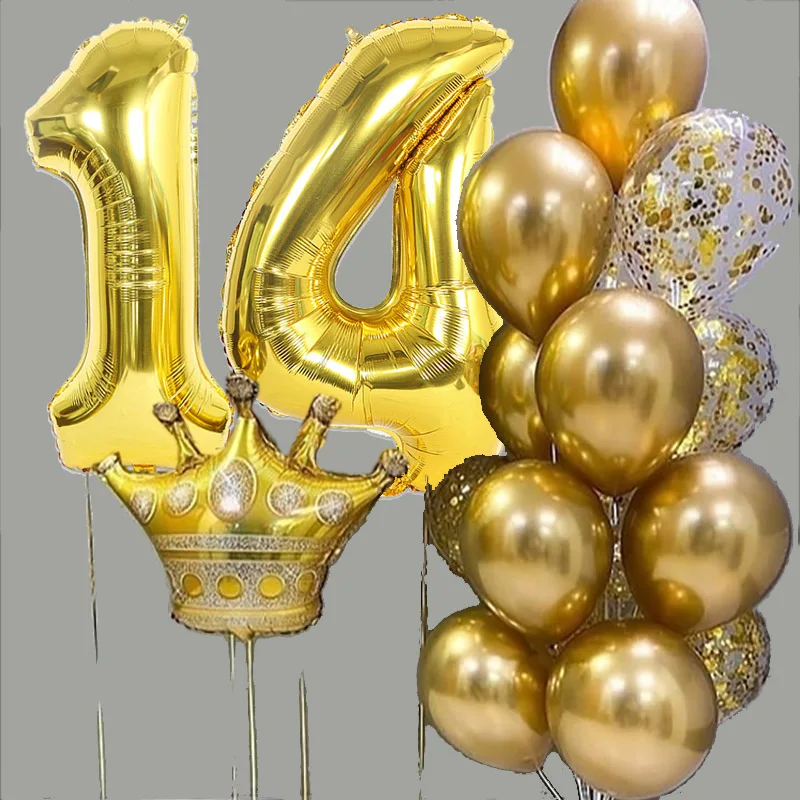 17pcs/set Kids 12 13 14 15 Years Old Girls Birthday Decor Balloon Gold Crown 32inch Number Foil Balloons Adult Parti Balls - купить по