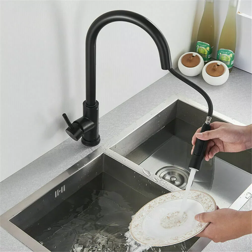 

Wire Drawing Black Kitchen Faucet Two Function Single Handle Pull Out Mixer Hot and Cold Water Taps Deck Mounted