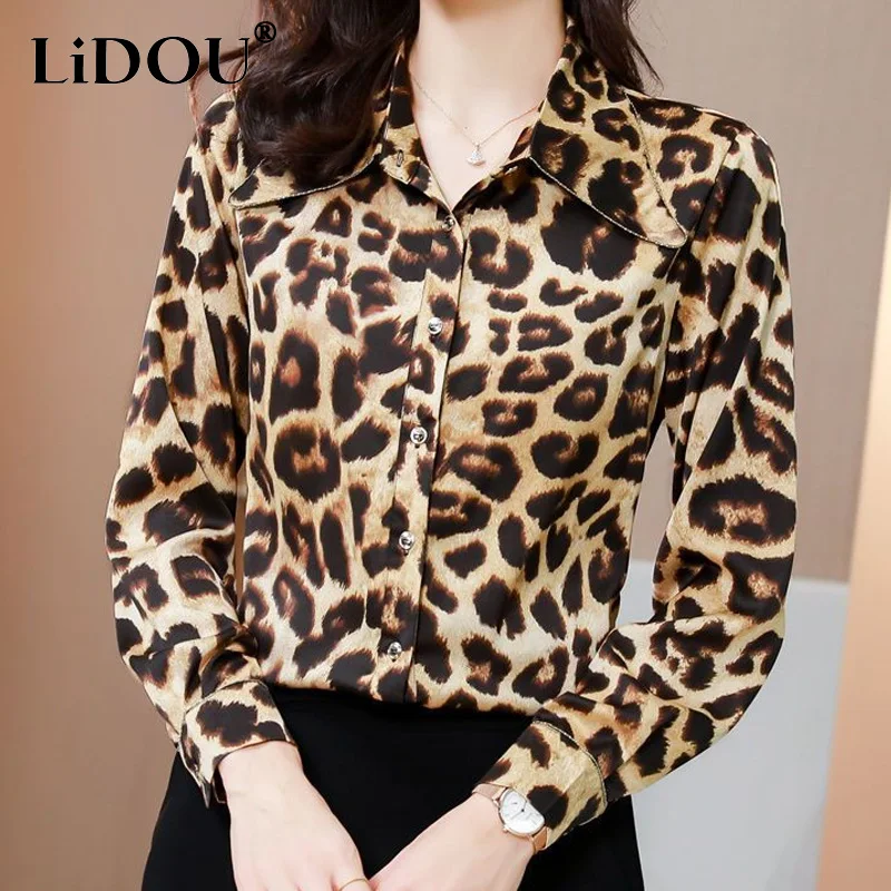 

2023 Spring Autumn New Leopard Long Sleeve Shirt Women POLO Collar Fashion Single Breasted Blouse Loose Casual Women's Clothing