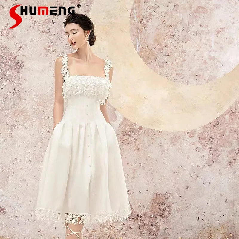 

2022 Summer New Lace White Dress Cross Strap Backless Fairy Long Party Dress Elegant Off-shoulder Women's Sling Dresses