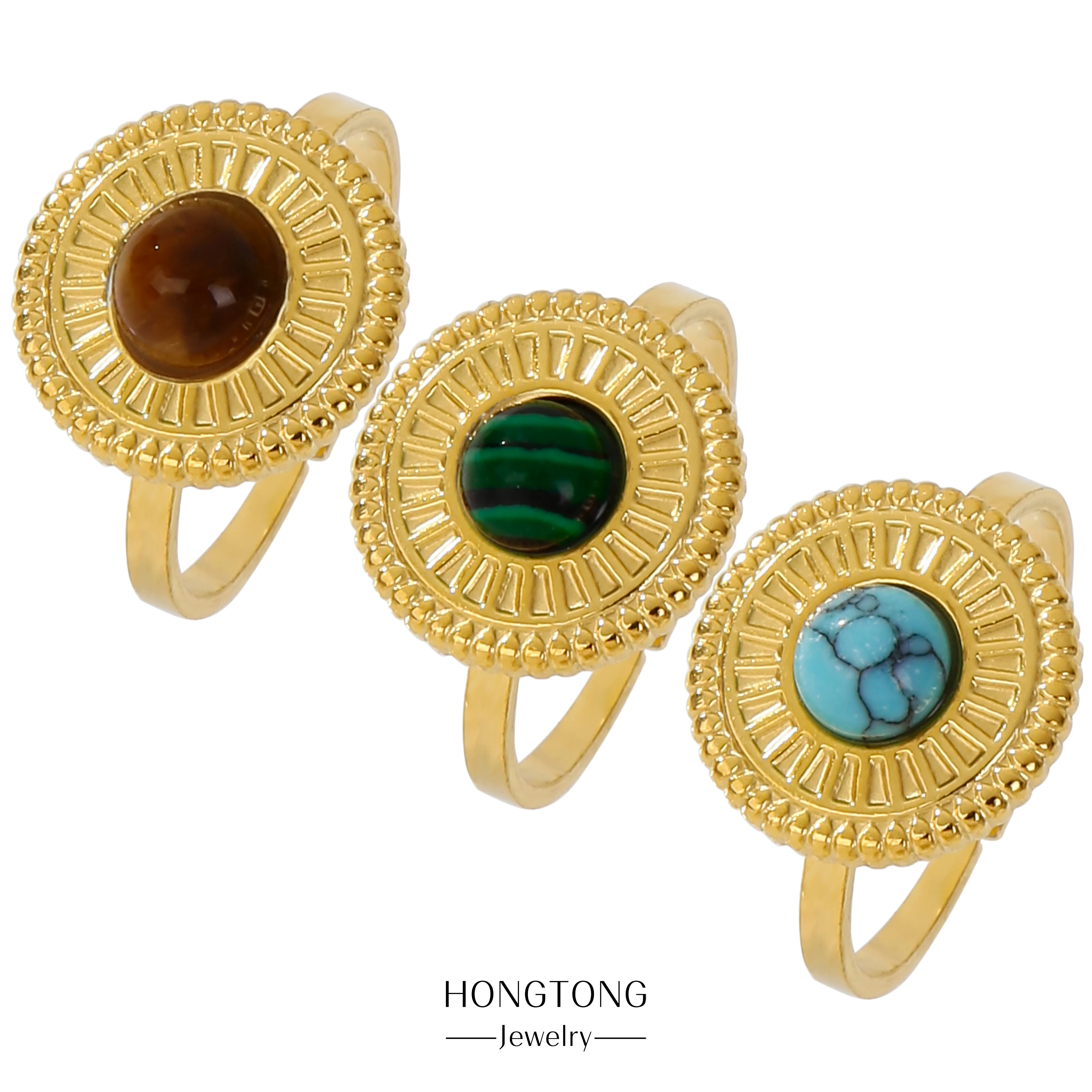 

HONGTONG Gold-Plated Irregular Pattern Oil Pressed Gemstone Hot Style Fashion Ring Stainless Steel Ring Jewelry Couple Gift