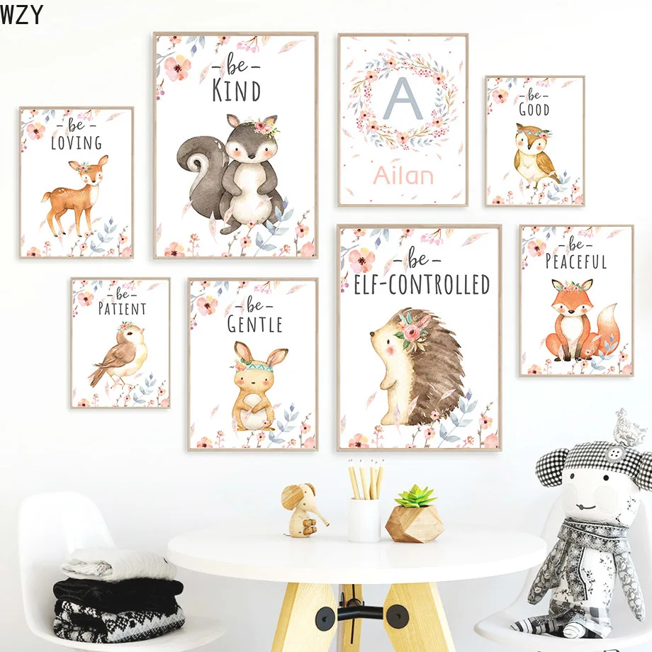 

Deer Fox Squirrel Owl Rabbit Hedgehog Raccoon Cartoon Art Canvas Painting Animal And Prints Wall Pictures Kids Room DecorPoster