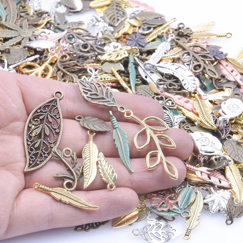 

30/50/100Pcs Mix Bronze Gold Color Openwork Leaves Leaf Feather Metal Charms Zinc Alloy Pendant For Keychain Making Supplies