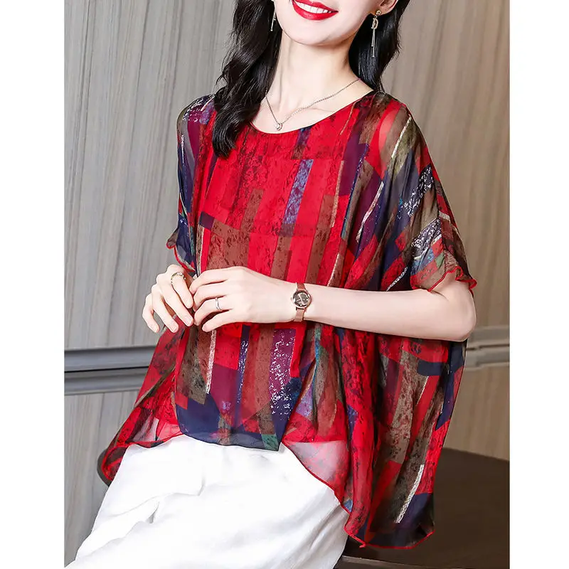 

Vintage Printed Batwing Sleeve Irregular Chiffon Blouse Women Clothing Summer New Oversized Loose Casual Tops Asymmetrical Shirt