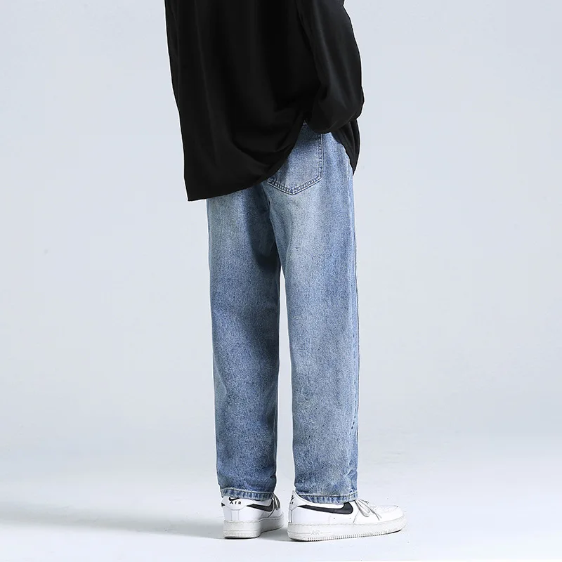 Men's New Loose Black/blue Straight Pants Solid Color Casual Pants Baggy Homme Cargo Pocket Jeans Biker Denim Trousers