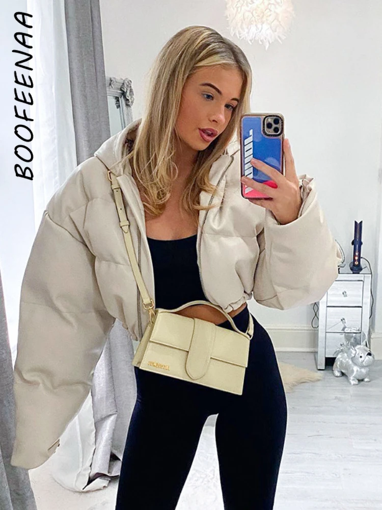 

BOOFEENAA зимняя одежда для женщин, пуховики с капюшоном, кроп-куртка на молнии, повседневные пальто для женщин 2023