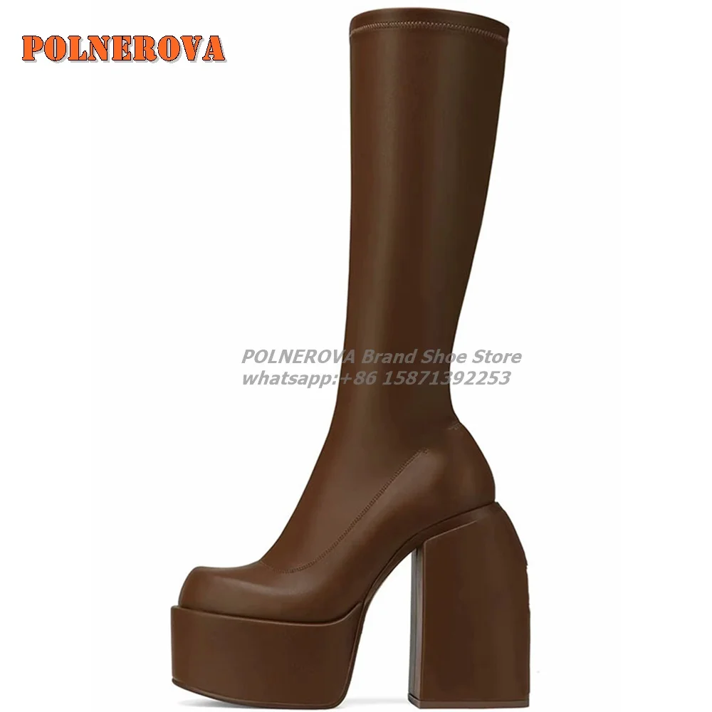 Коричневые ботинки до середины икры на платформе с квадратным носком