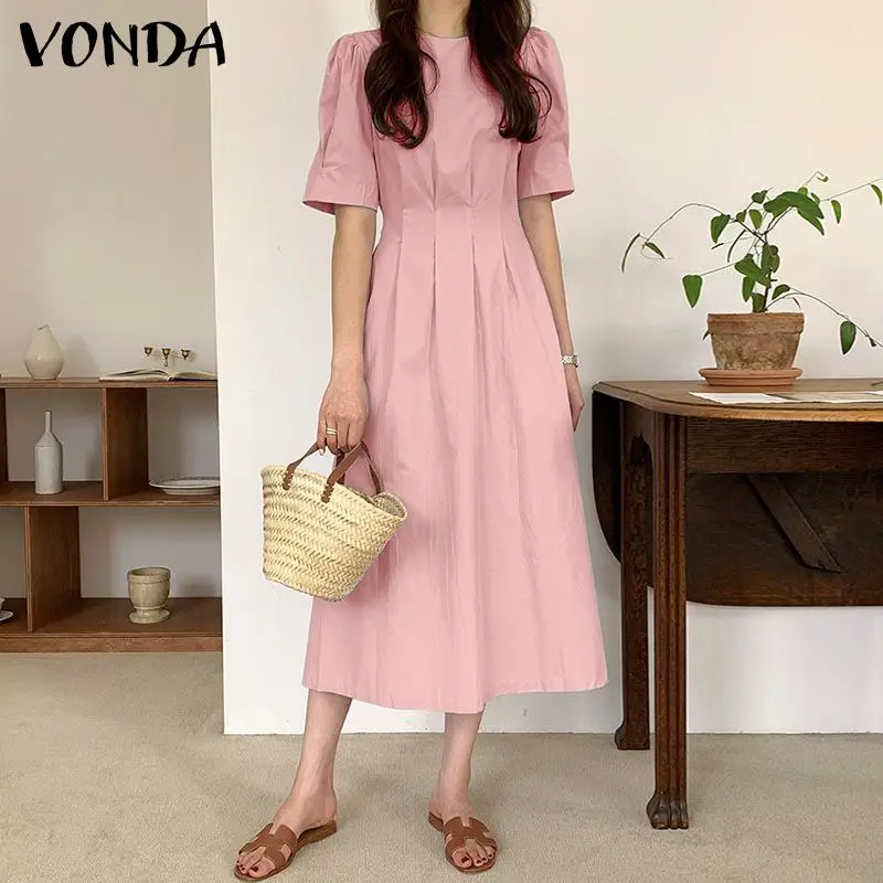 

VONDA Fashion Women Summer Dress Long Maxi Sundress Female Elegant Office Robe Oversize Femme Short Sleeve Solid Casual Vestidos