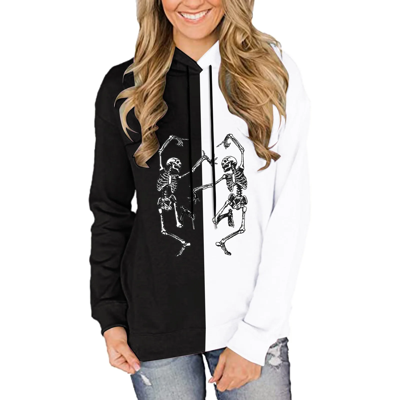 

Black White Patchwork Hoodies Women Long Sleeve Colorblock Skeleton Dance Print Sweatshirt Casual Punk Loose Pullover Sweatshirt