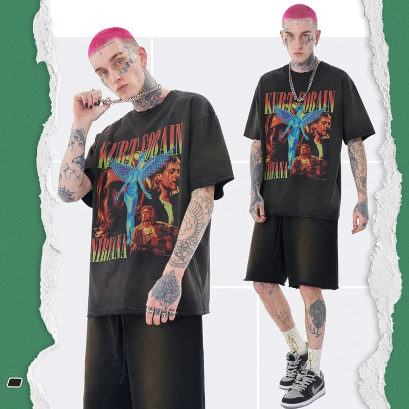 

Wholesale Vintage Wash Band Star Print Oversized T-Shirt 100% Cotton Street Retro Men's Crew Neck Shoulder Drop Short Sleeves