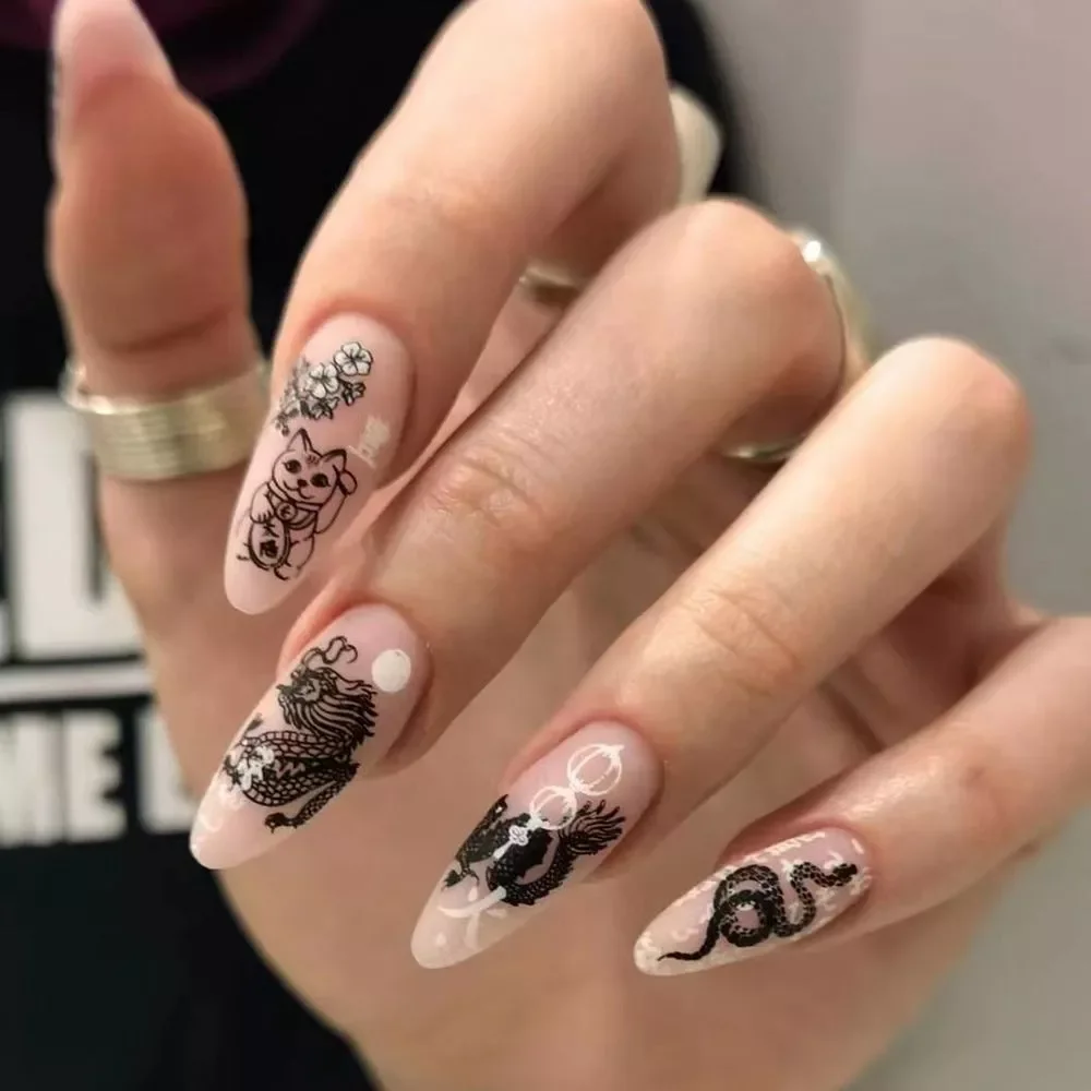 

New 24pcs/Box Detachable Almond False Nails Wearable French Fake Nails Full Cover Nail Tips Press On Nails