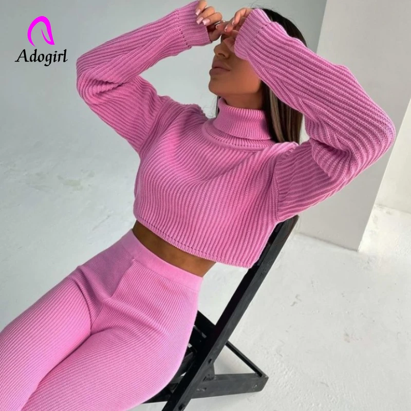 

High-neck Long-sleeved High-waist Solid Color Wool Pants Two-piece Set Oversized Sweater Tops Skinny Long Pants Pure Color Sets