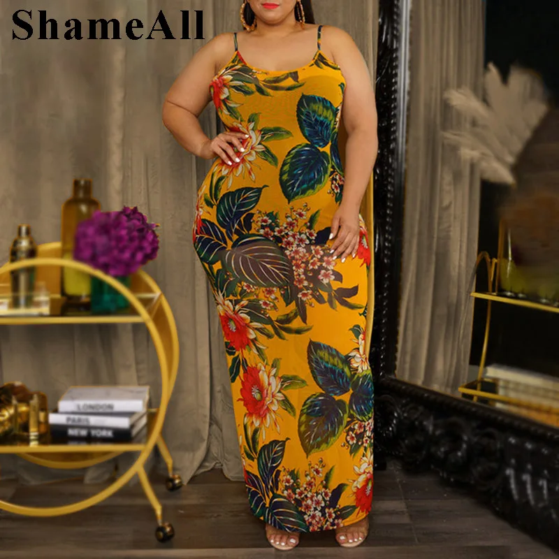 

Plus Size Women Vintage Floral Print Spaghetti Strap Bodycon Dress 4XL Summer Sleeveless Night Party Club Outfits Long Maxi Robe