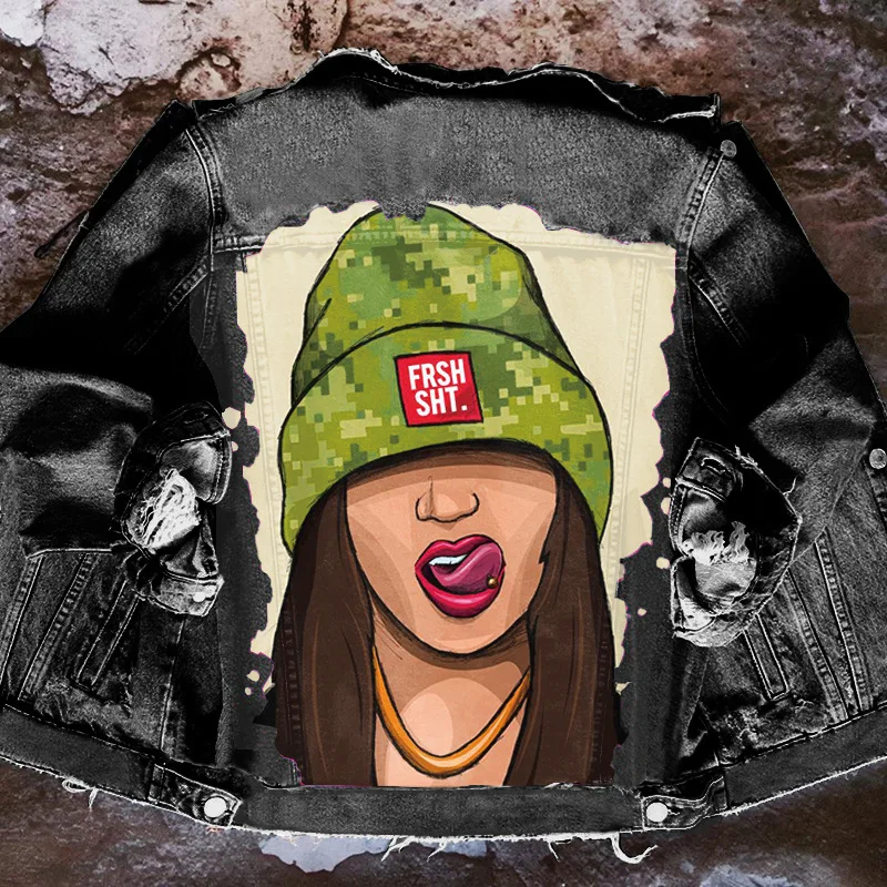 

Women's Spring and Autumn New Personalized Hat Girl Print Net Red Pattern Fashion Casual Denim Jacket